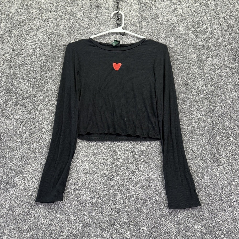 Wild Fable Shirt Teens S Black Heart Embroidered Cropped Long Sleeve Tee
